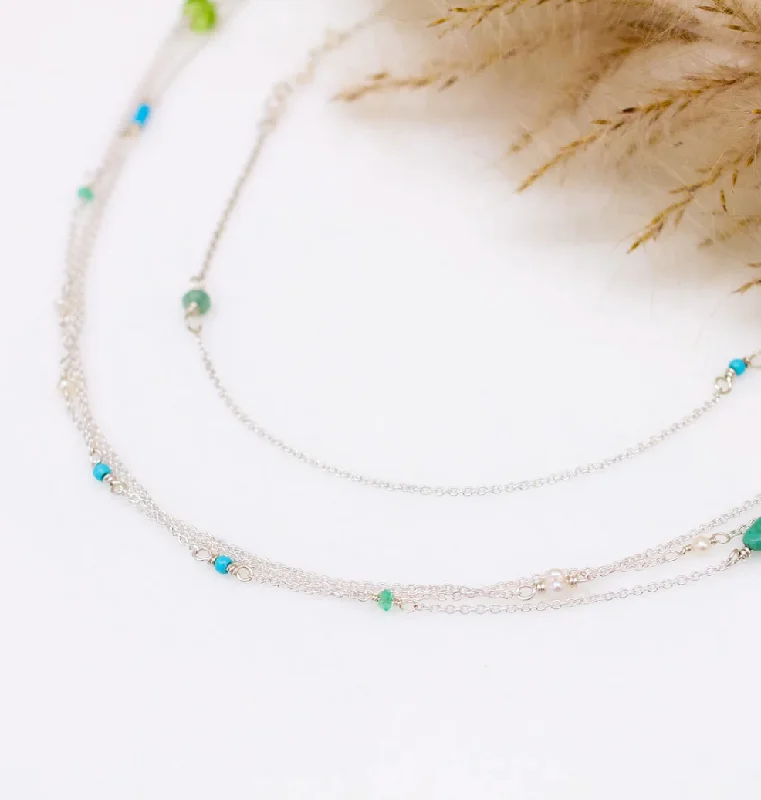 trendy necklaces for women -Three Strand Necklace with Turquoise, Pearl and Peridot