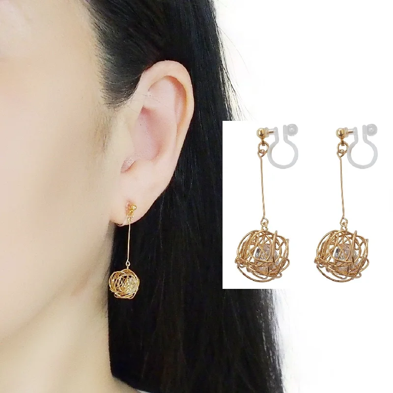 luxury diamond earrings for women -Dangle Gold Mesh Ball & CZ Crystal Invisible Clip On Earrings