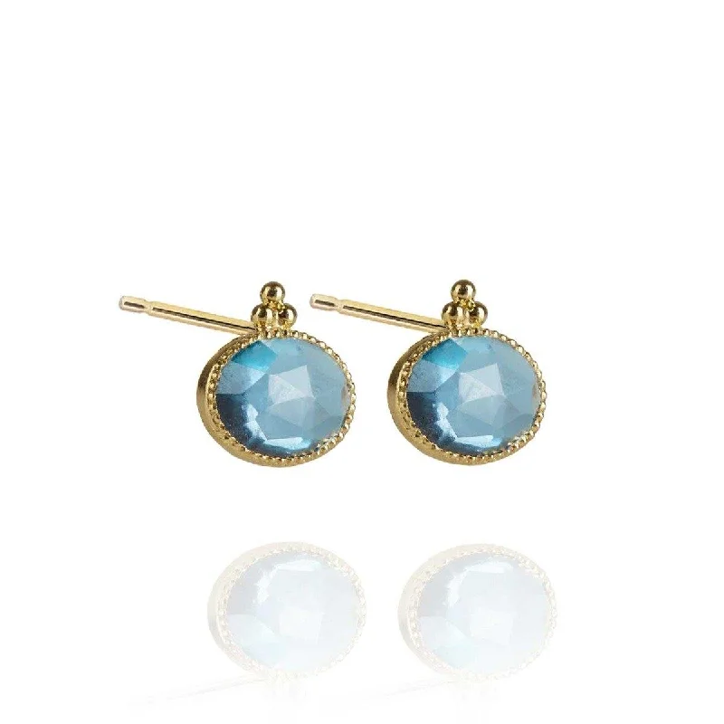 gold stud earrings for women -Large Precious Studs Blue Topaz 18K Gold