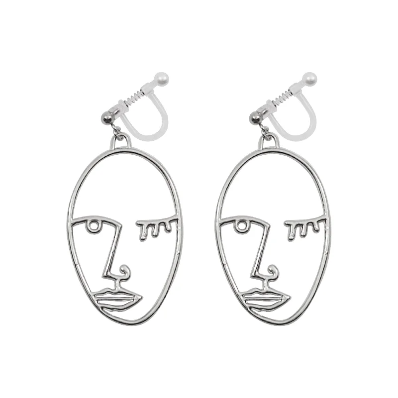 sparkling earrings for women -Silver Picasso Face Wink Invisible Clip On Earrings