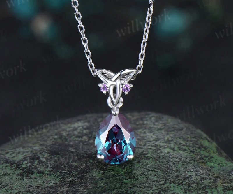 artistic necklaces for women -Pear cut alexandrite Necklace solid 14k white gold Celtic knot amethyst Pendant women color change gemstone anniversary gift