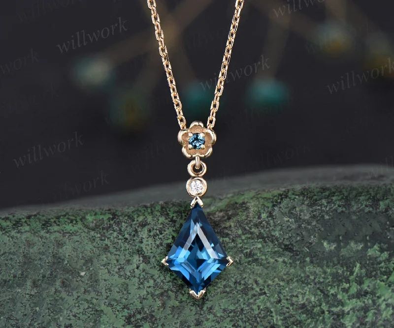 silver choker necklaces for women -Kite cut London blue topaz necklace solid 14k yellow gold bezel diamond floral pendant women her anniversary bridal gift mother jewelry