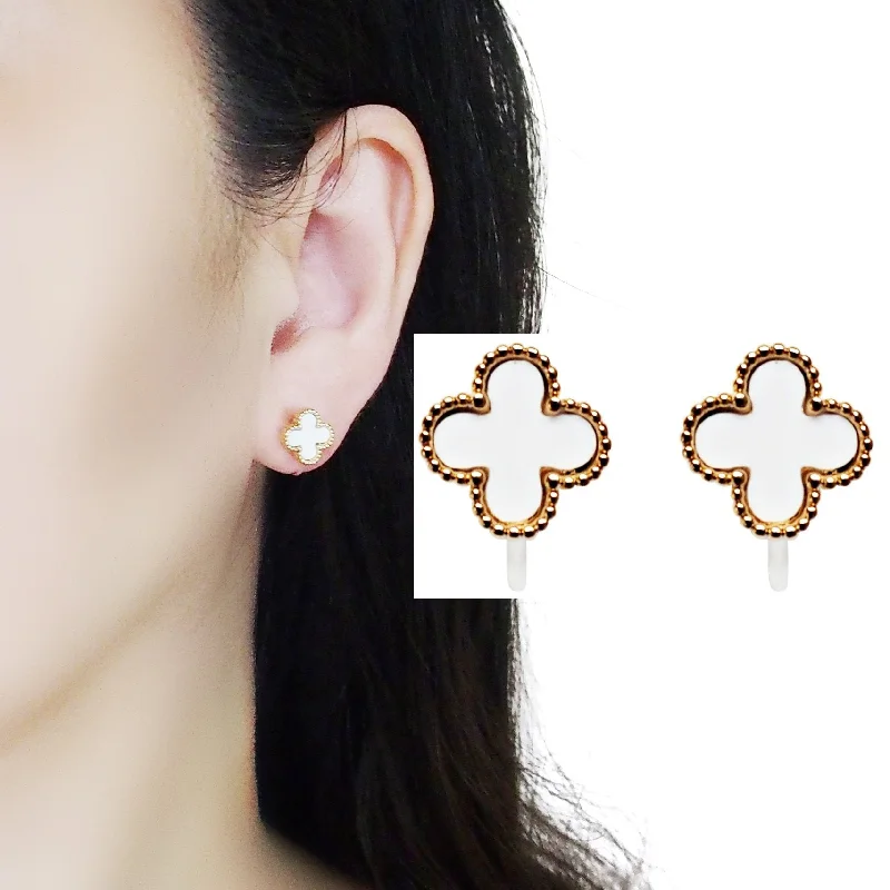 silver stud earrings for women -White Clover Invisible Clip On Stud Earrings ( Gold tone )