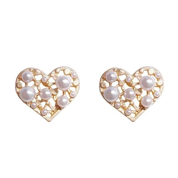 personalized stud earrings -White Pearl Heart Filigree Invisible Clip On Earrings