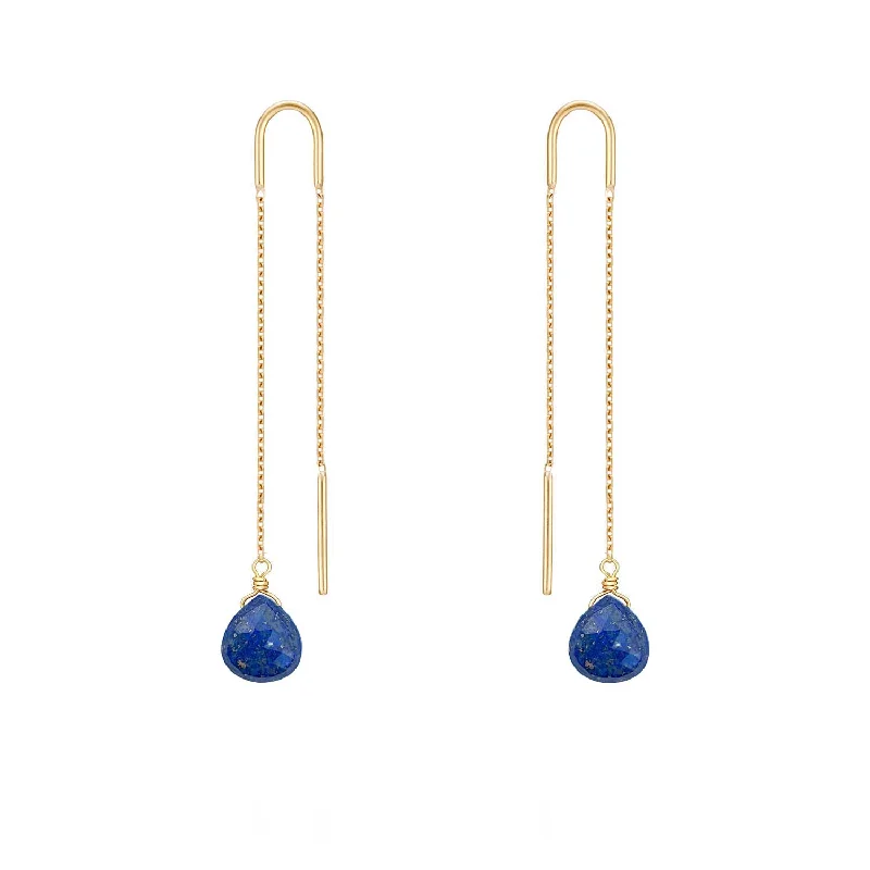 flower stud earrings for women -Drop Threader Earrings Lapis Lazuli - 18k Gold