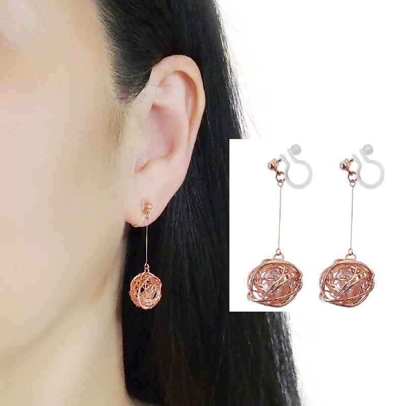 custom-made earrings for women -Dangle Rose Gold Mesh Ball & CZ Crystal Invisible Clip On Earrings