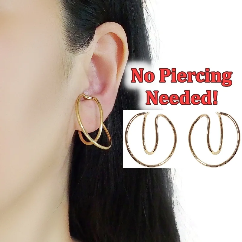 statement earrings for women -Gold Double HoopEar Cuff Clip On Earrings