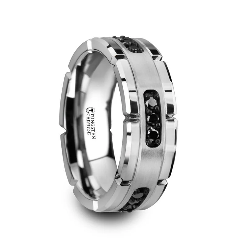 gold diamond necklaces for women -Thorsten VALOR Grooved Tungsten Ring with Silver Inlay & Black Diamonds - 8mm Band