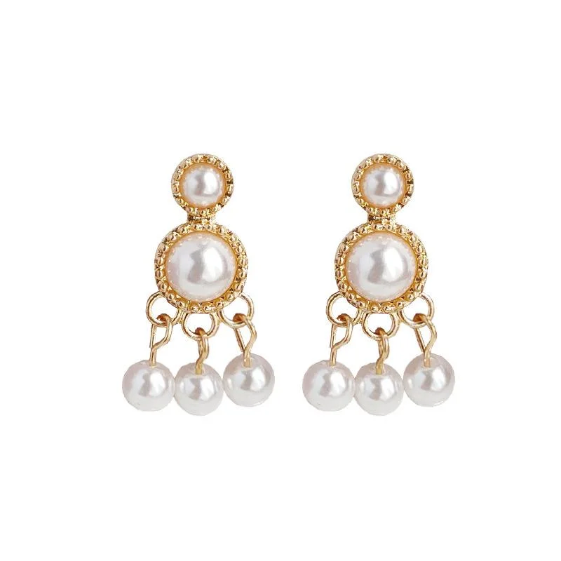 gemstone statement earrings for women -Dangle Round White Pearl Invisible Clip On Earrings