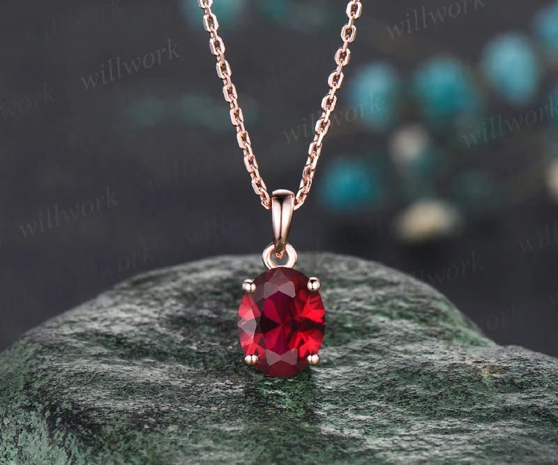 diamond-studded necklaces for women -Art Deco Oval Cut Ruby Solitaire Necklace Unique 14k Rose Gold July Birthstone Red Gemstone Ruby Pendant Minimalist Necklace Birthday Gift For Mother