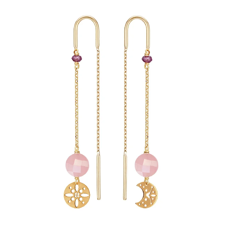 elegant earrings for women -Moon and Sun Asymmetric Earrings Guava Quartz - 18k Gold