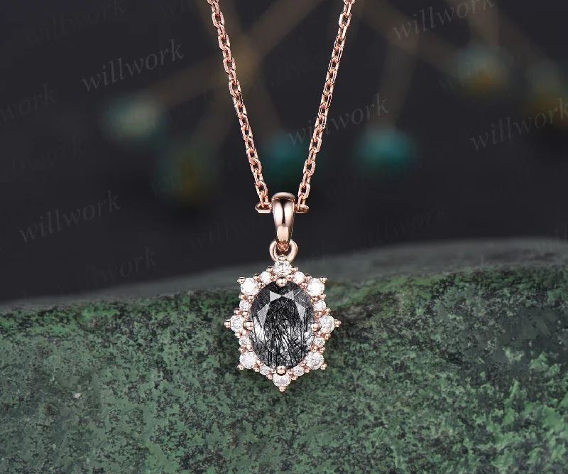 luxury pendant necklaces for women -Vintage oval black rutilated quartz necklace solid 14k 18k gold unique halo snowdrift diamond pendant women black stone anniversary gift