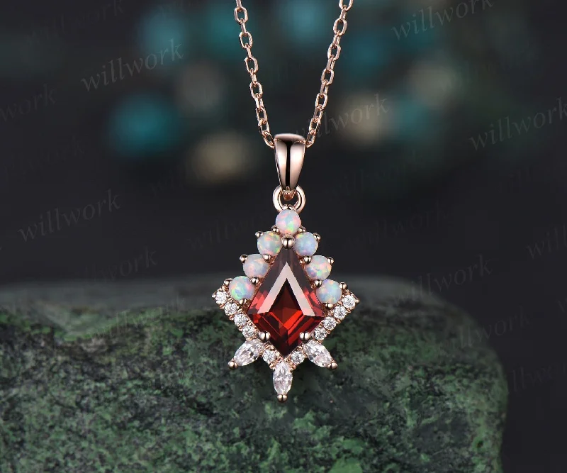 women’s statement necklaces -Kite cut red garnet necklace solid 14k 18k rose gold vintage unique halo opal diamond pendant women her anniversary bridal gift mother