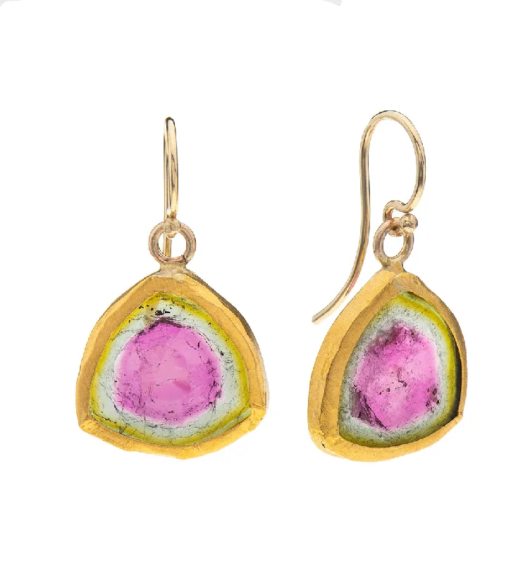 vintage-style earrings for women -Nava Zahavi large Yellow Gold Watermelon Tourmaline Slice Earrings