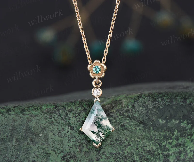 unique necklaces for women -Kite cut natural moss agate necklace solid 14k 18k yellow gold bezel diamond floral emerald pendant women her anniversary bridal gift mother