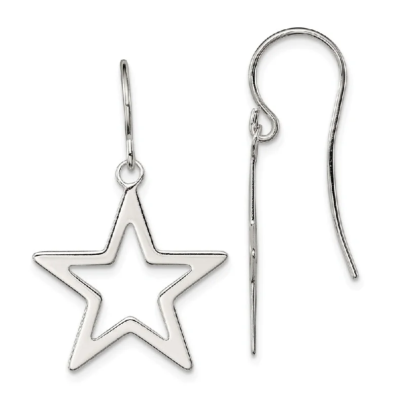 designer earrings for women -20mm Polished Open Star Dangle Earrings in Sterling Silver