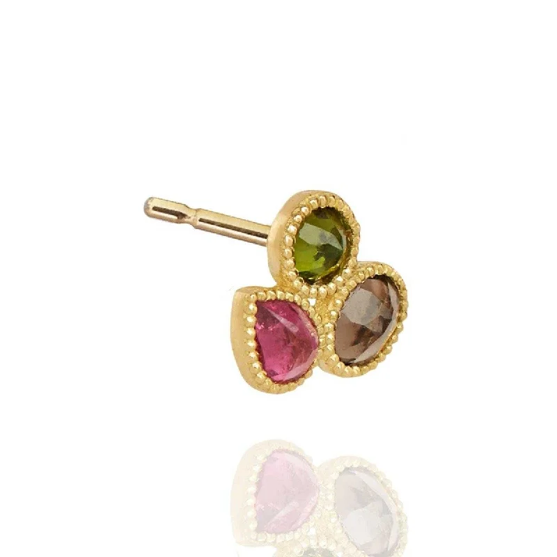 gemstone statement earrings for women -Mosaik Ear Stud Green & Pink Tourmaline - 18k Gold