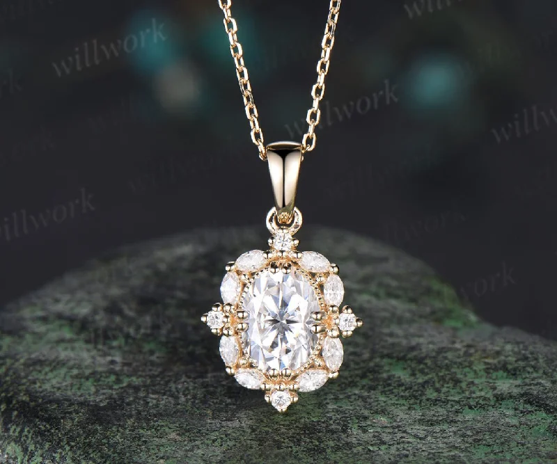 diamond-encrusted necklaces for women -Oval cut moissanite necklace solid 14k white gold halo marquise diamond pendant women 8 prong anniversary gift