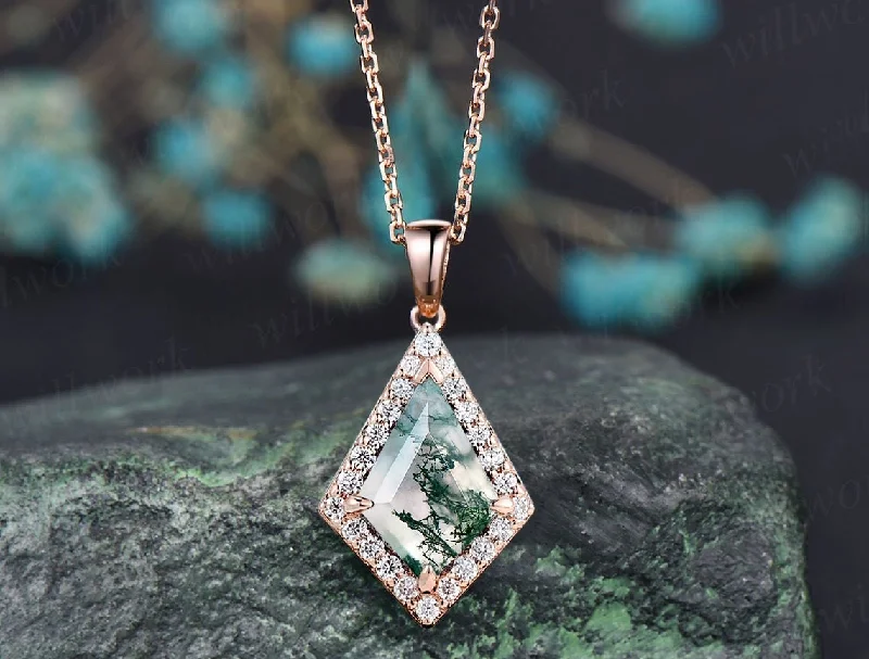 rose gold necklaces for women -Vintage kite natural moss agate necklace solid 14k 18k rose gold halo diamond pendant women dainty unique anniversary gift mother jewelry