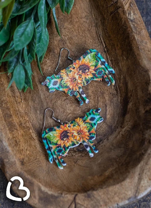 bridal earrings for women -Maybelle Aztec Sunflower Cow Earrings