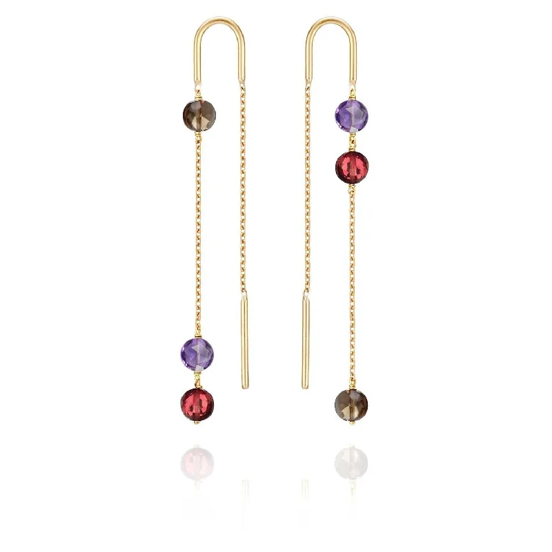 heart-shaped drop earrings for women -Asymmetric Trio Pastille Earrings Amethyst, Smoky Quartz, Red Garnet - 18k Gold