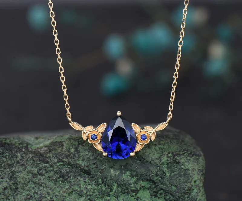 diamond-studded necklaces for women -Pear cut blue sapphire necklace solid 14k 18k yellow gold three stone nature inspired leaf floral pendant women anniversary gift mother