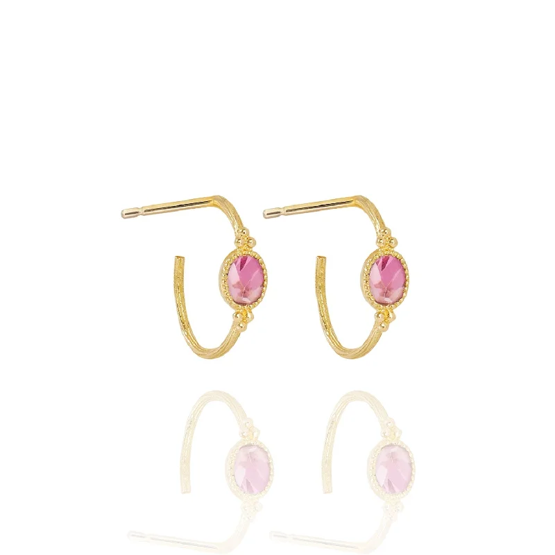 silver earrings for women -Small Creole Oval Earrings Pink Tourmaline - 18k Gold