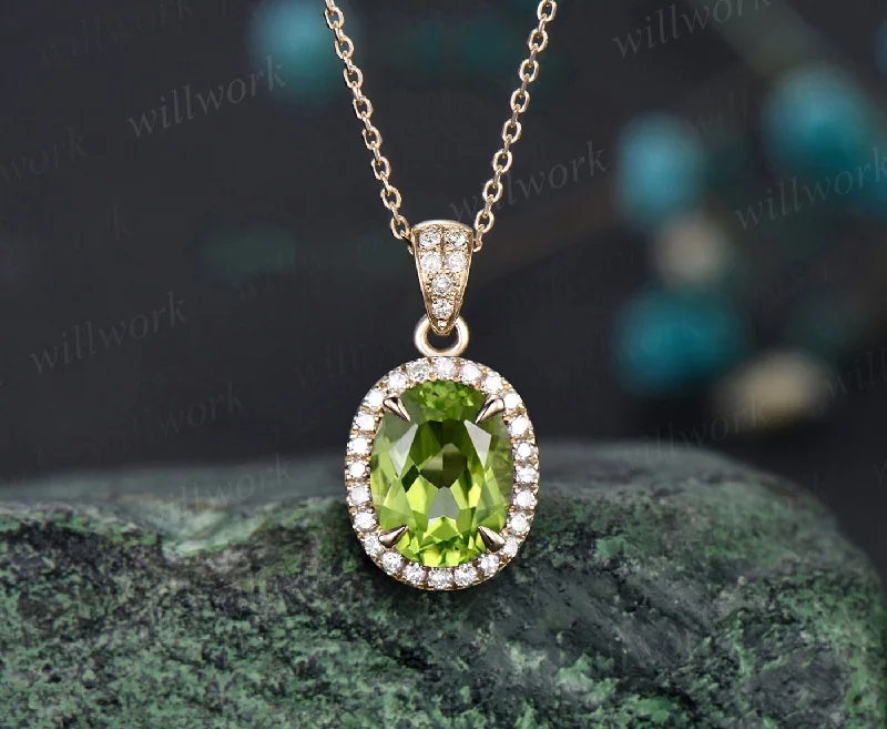 bridal pendant necklaces for women -2ct oval cut peridot necklace solid 14k yellow gold vintage unique halo diamond necklace pendant women August birthstone anniversary gift