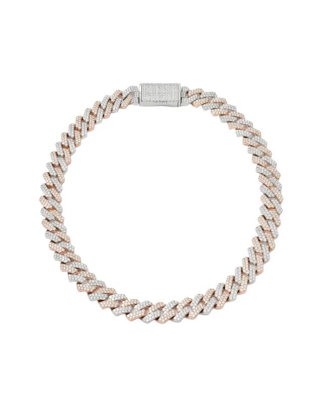 sterling silver chain necklaces -14mm Prong Pavé 18K Rose Gold & Rhodium coated Silver Necklace w. Moissanite