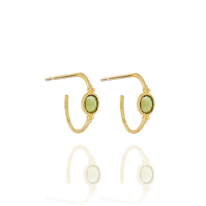 gemstone stud earrings for women -Small Creole Oval Earrings Green Tourmaline - 18k Gold