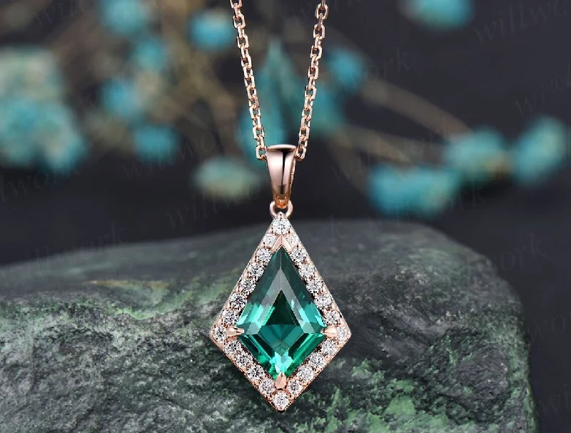 diamond-studded necklaces for women -Vintage kite green emerald necklace solid 14k 18k rose gold halo diamond pendant dainty unique bridal anniversary gift for women mother