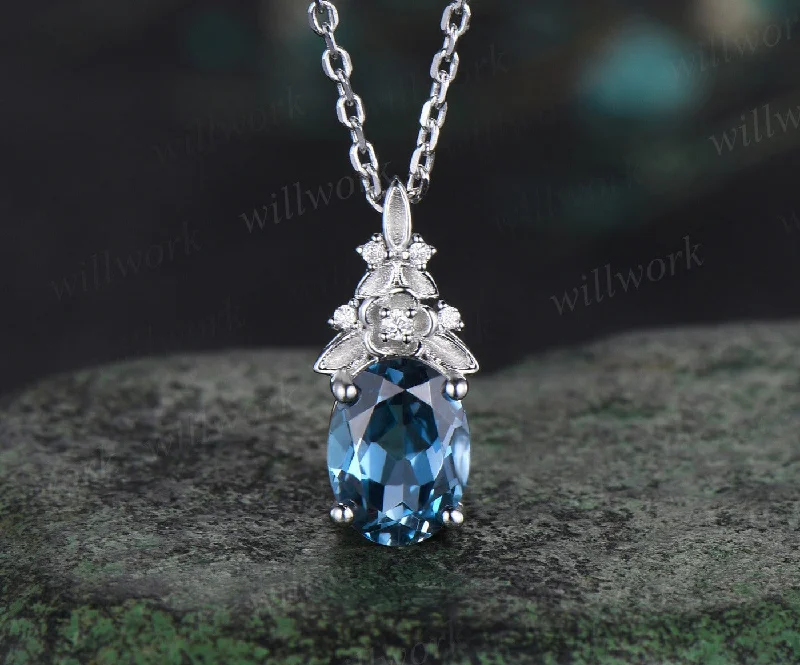 gemstone pendant necklaces -Vintage oval cut London blue topaz necklace 14k white gold Floral leaf diamond pendant women anniversary gift jewelry