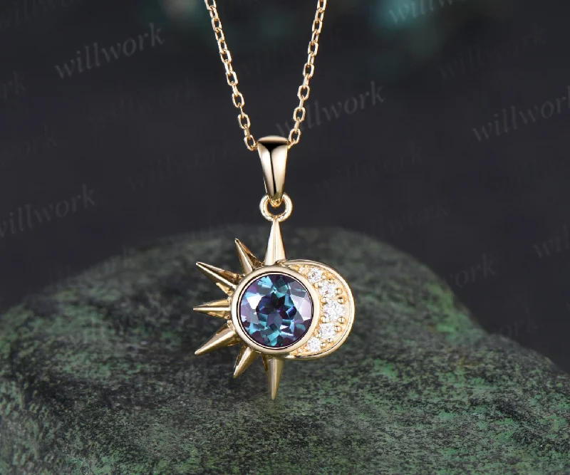 trendy silver necklaces for women -Delicate Round Cut Alexandrite Pendant Moissanite Moon Sun Necklace Minimalist 14k yellow Gold June Birthstone Alexandrite Christmas Necklace