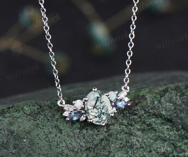 gold diamond necklaces for women -Oval moss agate dainty pendant necklace cluster alexandrite opal pendant sterling silver white gold necklace gifts for women