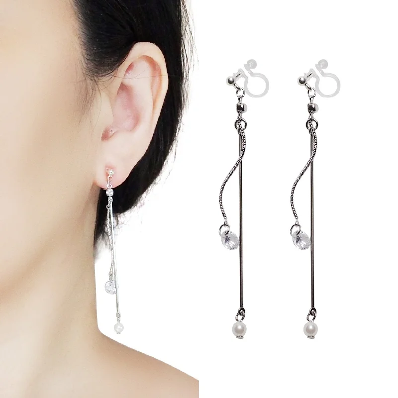 unique earrings for women -Dangle Silver Cubic Zirconia & Pearl Invisible Clip On Earrings