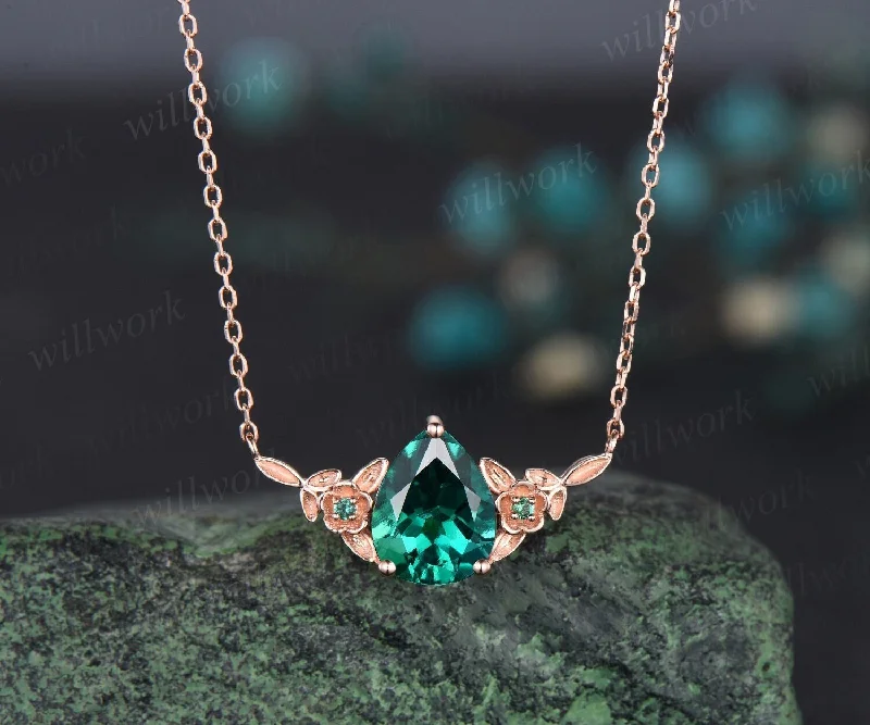 handmade necklaces for women -Pear shaped green emerald necklace solid 14k 18k rose gold three stone leaf floral nature inspired pendant women anniversary gift mother