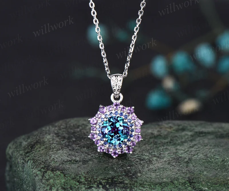 trendy gold necklaces for women -1ct round cut alexandrite necklace white gold snowdrift double halo sapphire amethyst pendant women color change gemstone anniversary gift