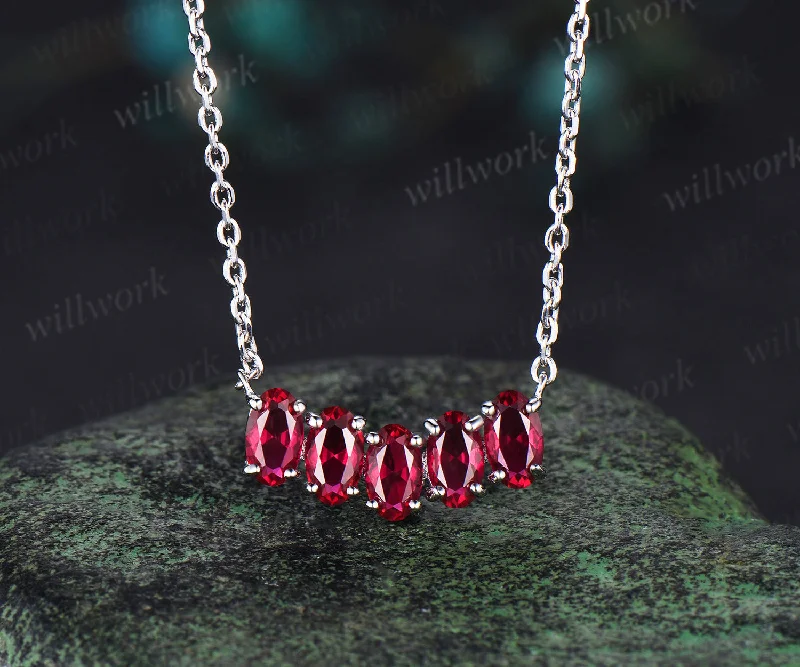 women’s statement necklaces -Five stone oval red ruby necklace solid 14k white gold Pendant For Women Anniversary Gifts jewelry