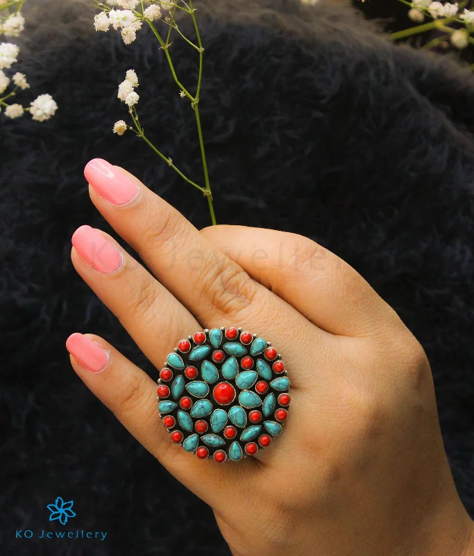 trendy rings for women -The Prisha Silver Gemstone Cocktail Finger-ring(Coral/Turquoise)