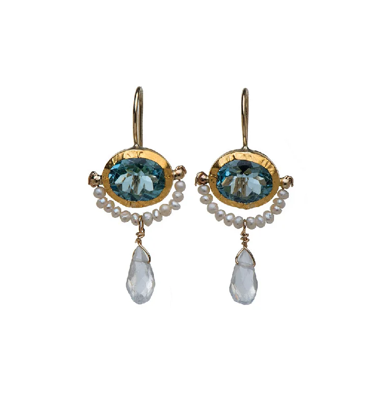 round earrings for women -Nava Zahavi Yellow Gold Blue Topaz and Pearl Earrings