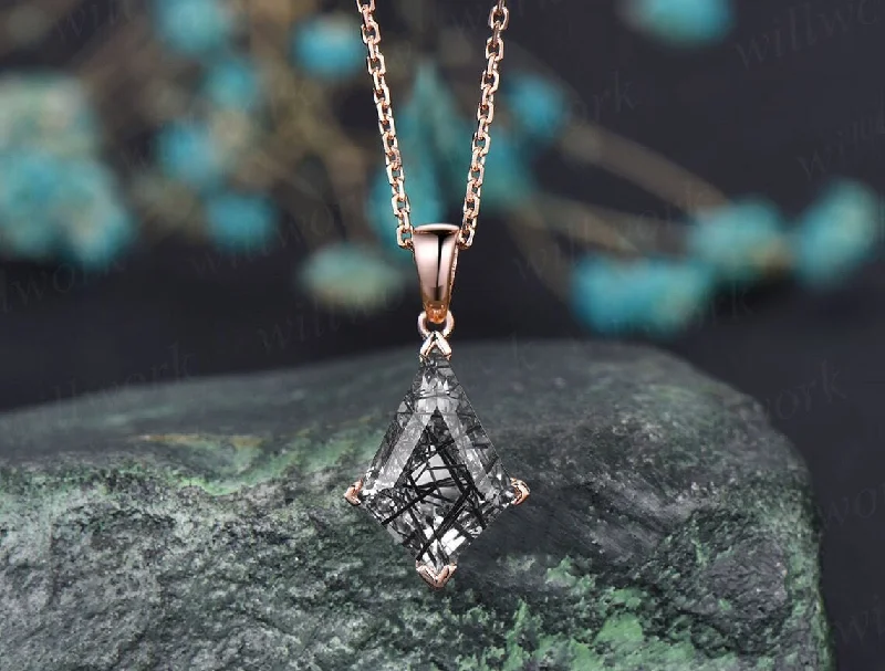 diamond-encrusted necklaces for women -Kite black rutilated quartz  necklace solid 14k 18k rose gold vintage unique Personalized pendant women her anniversary bridal gift mother