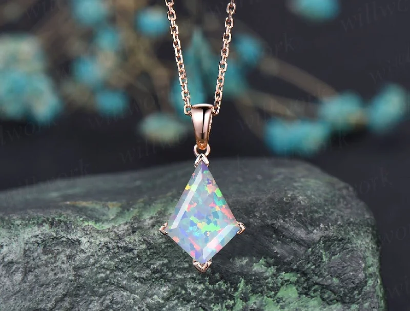 bridal pendant necklaces for women -Kite white opal necklace solid 14k 18k rose gold vintage unique Personalized pendant for women her anniversary bridal gift mother