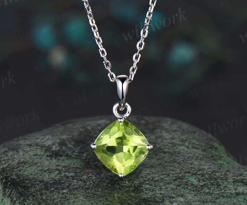 silver charm necklaces for women -Dainty cushion cut peridot Necklace solid 14k white gold square cut Solitaire Pendant Minimalist anniversary gift August birthstone