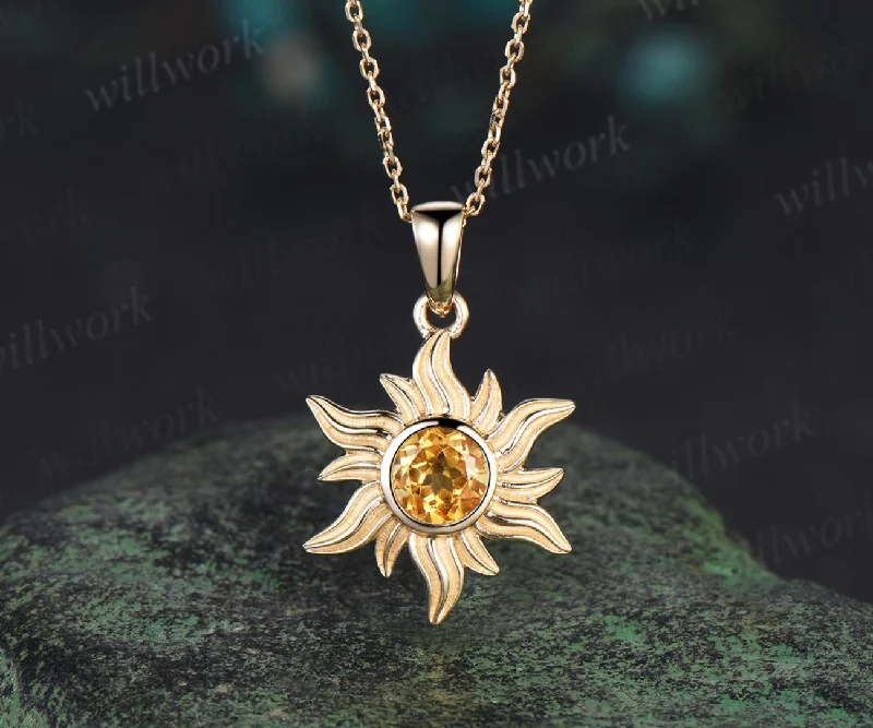 rose gold necklaces for women -Minimalist Round Cut Citrine Sun Necklace Unique 14k Rose Gold Yellow Crystal Solitaire Pendant Dainty November Birthstone Necklace