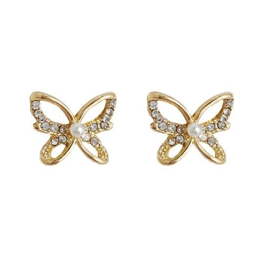 heart-shaped drop earrings for women -Butterflies Pearl Crystal Rhinestone Invisible Clip On Earrings