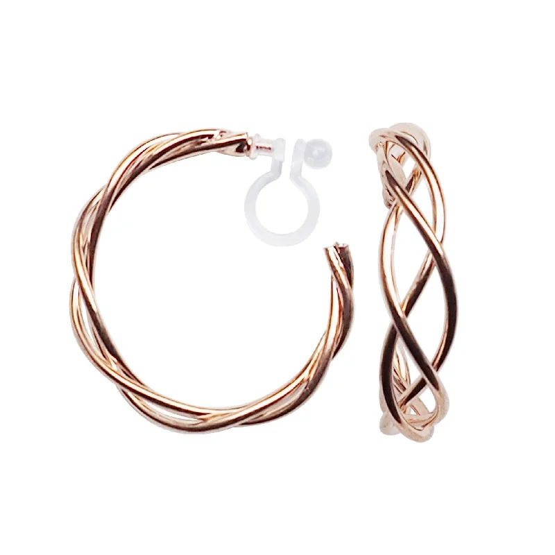 luxury gold earrings for women -Rose Gold Woven Invisible Clip On Hoop Earrings