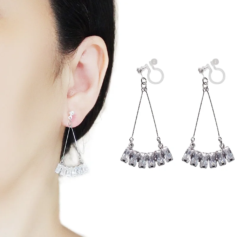 gold diamond earrings for women -Dangle Silver Fringe Rihnestone Crystal Invisible Clip On Earrings