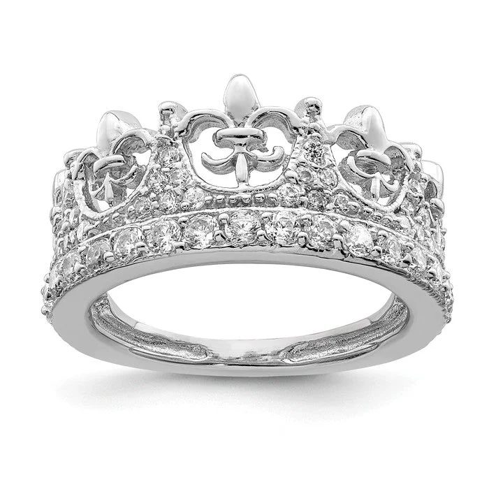 affordable necklaces for women -Sterling Silver Fleur-de-lis Crown CZ Ring