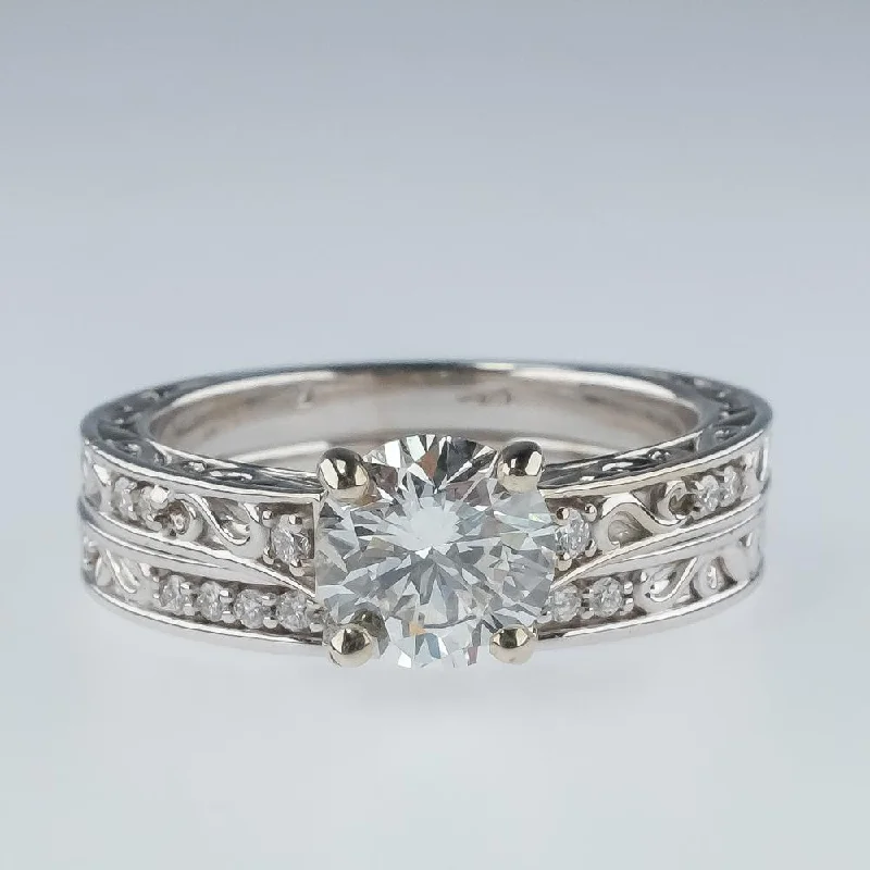 vintage wedding rings for women -14K White Gold GIA Round Diamond & Filigree Accents Bridal Set Ring Size 7