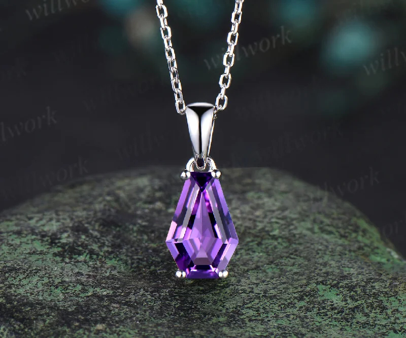 heart-shaped necklaces for women -Coffin natural Amethyst necklace solid 14k 18k white gold vintage unique Personalized pendant women her anniversary bridal gift mother